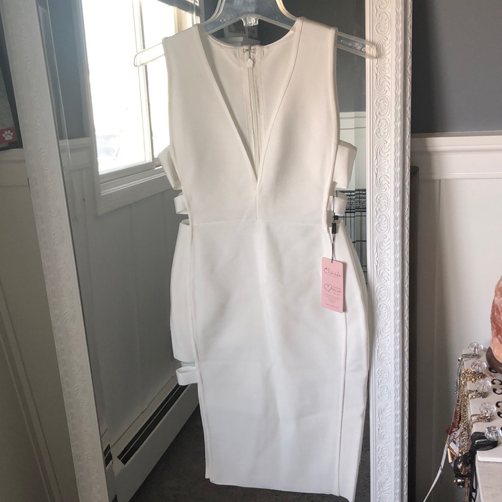 Cut out deep plunge white midi dress